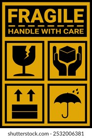 sticker fragile handle with care, black and yellow fragile warning label, fragile label with broken glass symbol, vector asset