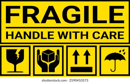 sticker fragile handle with care, black and yellow fragile warning label, fragile label with broken glass symbol, vector asset