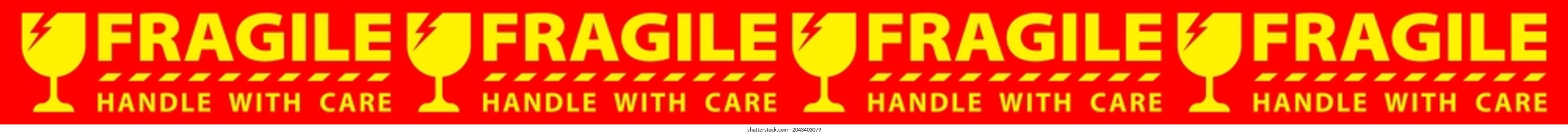 sticker fragile handle with care, horizontal red fragile warning label, fragile label with broken glass symbol, vector