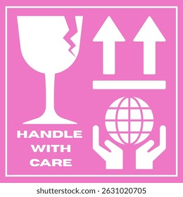 Sticker fragile handle with care, pink fragile warning sign label with broken glass symbol, this way up sign, handle with care. ( original illustration, not AI generated )