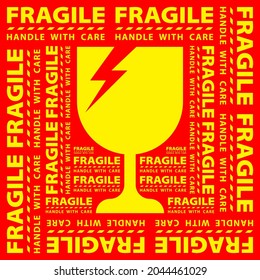 sticker fragile handle with care, red fragile warning label, square fragile label with broken glass symbol