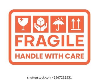 Sticker fragile handle with care, red fragile warning isolated vector illustration on white background.