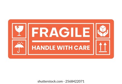 Sticker fragile handle with care, red fragile warning isolated vector illustration on white background.