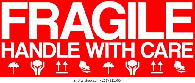 sticker fragile handle with care, red warning label, fragile label with broken glass symbol, vector asset. keep dry and avoid liquid sign