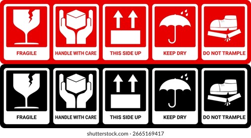 sticker fragile handle with care, red fragile warning label with broken glass symbol, this side up sign, keep dry and avoid liquid sign. packaging sign. warning sign set