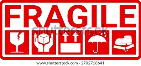 sticker fragile handle with care, red and white fragile warning label, fragile label with broken glass symbol, vector asset. warning sign for delivery package.