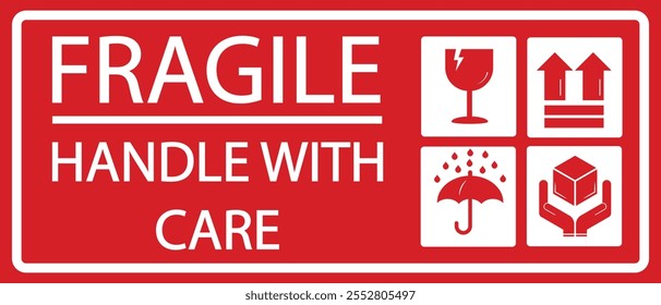 Sticker Fragile handle with care, warning label and poster for delivery service. Package icons set. Vector