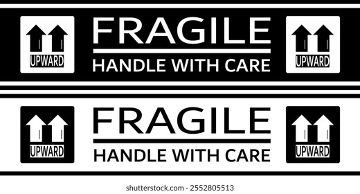 Sticker Fragile handle with care, warning label and poster for delivery service. Package icons set. Vector