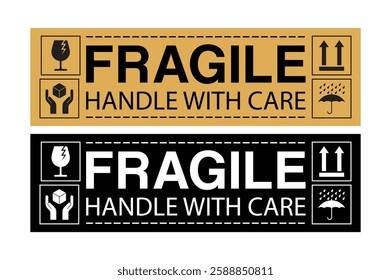 Sticker Fragile handle with care, warning label and poster for delivery service. Package icons set. Vector