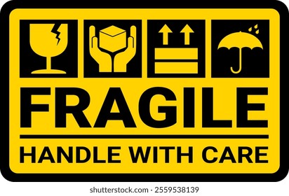 sticker fragile handle with care, yellow warning label, fragile label with broken glass symbol, vector asset. keep dry and avoid liquid sign