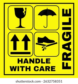 Sticker fragile handle with care, yellow fragile warning sign label with broken glass symbol, this way up sign, don't trample, keep dry, handle with care. ( original illustration, not AI generated )