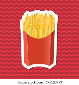 Sticker of french fries in paper box on red striped background. Graphic design elements for menu, poster, brochure. Vector illustration of fast food for bistro, snackbar, cafe or restaurant