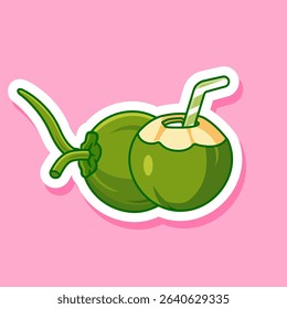 Sticker of Fresh Green Coconuts with a Straw for a Refreshing Tropical Drink Vector Illustration Cartoon Design