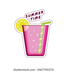 The sticker is a fresh summer drink on a white background. A glass of citrus juice with a straw and a slice of lemon. The inscription is summer time.