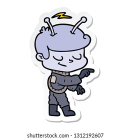 sticker of a friendly cartoon spaceman pointing