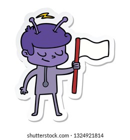 sticker of a friendly cartoon spaceman with white flag
