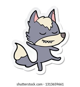 sticker of a friendly cartoon wolf balancing