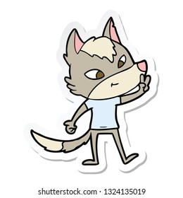 sticker of a friendly cartoon wolf giving peace sign