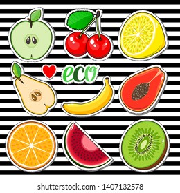 Sticker fruit set for concept design poster. Healthy fresh natural food background. Diet organic nutrition icon collection. Eco vector illustration.