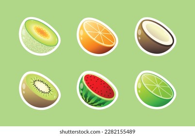 Sticker fruits halves, fruits slice vector illustration. isolated fresh food stickers.