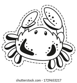 Sticker fun crab. Cute children's character for use in children's illustrations, on children's goods, as a sticker. Vector illustration in the style of cartoons, isolated on a white background.