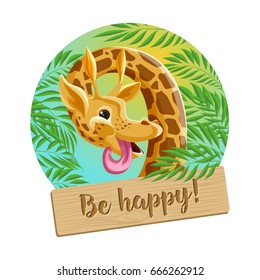 Sticker with a fun giraffe and the words "Be happy!"