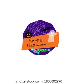 Sticker - fun Halloween. Vector illustration. Ghosts, pumpkin, candy. Logo for the holiday. 