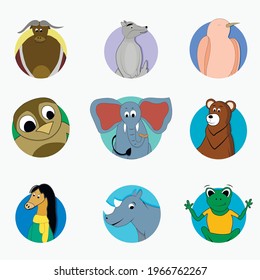 Sticker funny avatar mascot, songbird and owl, bear and elephant, wild creature bull and wolf, cartoon avatar zoo. Vector illustration