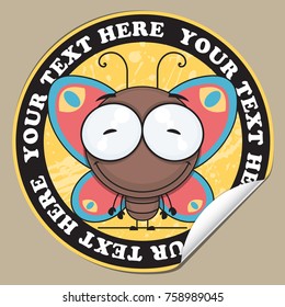 Sticker with funny cartoon butterfly. Vector illustration.