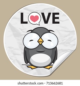 Sticker with funny cartoon pengiun. Vector illustration.
