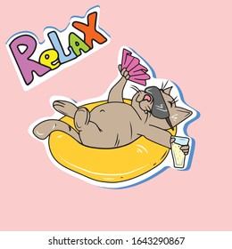 Sticker funny cat with glasses swims in a circle and drinks a cocktail of rest. Vector illustration.Form for banners, postcards. animal