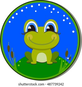 Sticker with a funny frog on the white background. Frog cartoon sitting