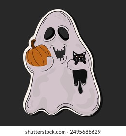 A sticker of a funny ghost with a pumpkin and a black cat in his hands in the flat style.