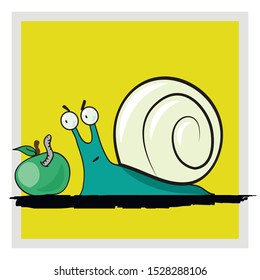 Sticker with funny grumpy snail and apple. 