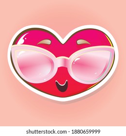 Sticker funny heart in sunglasses in cartoon style. Stock vector illustration.