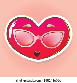 Sticker funny heart in sunglasses in cartoon style. Stock vector illustration.