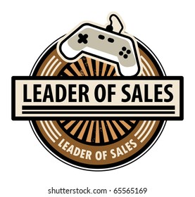 Sticker with the gaming console and word Leader of sales written inside, vector illustration