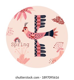Sticker with geometric bird. Spring Round Label with leaves, flowers in pink colors. Badge with abstract decorative floral elements. Season elements for invitation, cards.