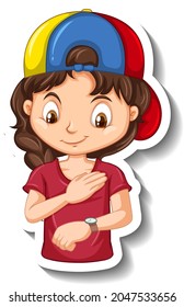 Sticker a girl cartoon character looking at wristwatch  illustration