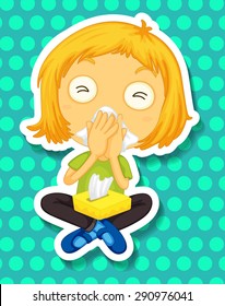 Sticker of a girl sitting covering her nose with a tissue