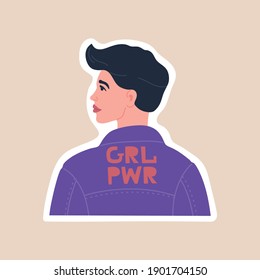 Sticker of girl standing back, on the jacket inscription girl power, activist feminist for female rights. Beauty woman and modern lettering motivation slogan, vector illustration in flat cartoon style