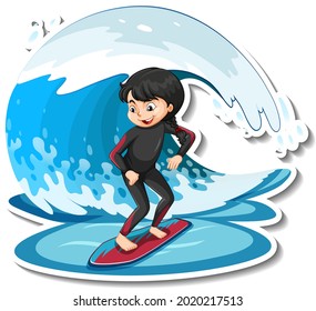 Sticker a girl standing on surfboard with water wave illustration