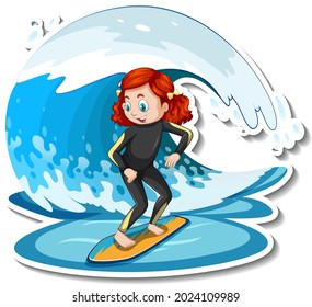 Sticker a girl standing on surfboard with water wave illustration