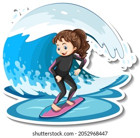 Sticker a girl standing on surfboard with water wave illustration