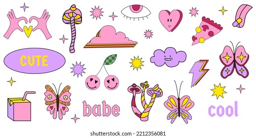 Sticker girly 90s. Vector set of pop stickers 2000 vibe. Retro 90s good vibe girly illustrations