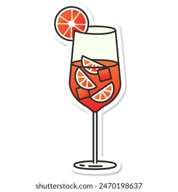 Sticker glass of aperol spritz isolated.Summer cocktail aperitif with oranges and ice cubes. Summer cocktail emblem.Aperol spritz icon on a white background. Vector illustration EPS 10