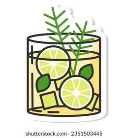 Sticker glass of gin and tonic isolated vector illustration, minimal design.gin and tonic icon on a white background. Vector illustration