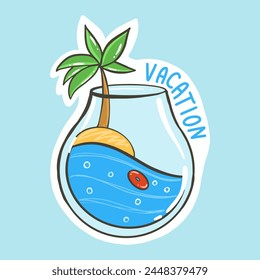 sticker glass with palm tree and ocean, isolated cartoon icon