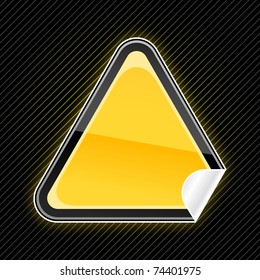 Sticker glossy blank yellow warning sign with curved corner on black striped background