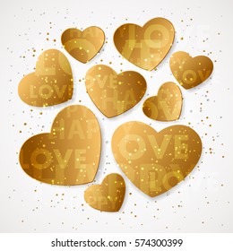 Sticker from gold paper hearts and confetti, sparkles, dust with lettering love and happy on white background. Vector illustration for Happy Valentines Day. Holiday design.
